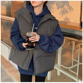 Padded Cotton Vest / Hooded Lettering Fleece-lined Sweatshirt