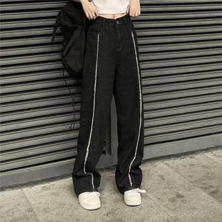 Mid Rise Contrast Trim Wide Leg Jeans