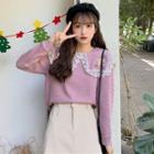 Lace Trim Collar Flower Embroidered Pullover
