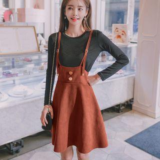 Set: Long-sleeve T-shirt + Faux Suede Spaghetti Strap Dress