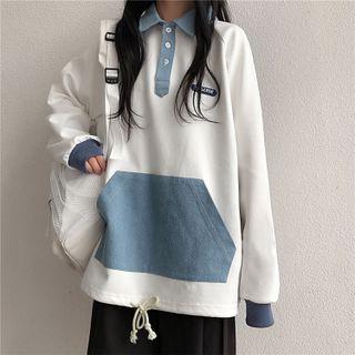 Denim Panel Polo Sweatshirt