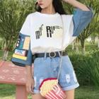 Color-block Print Denim Panel Short-sleeve T-shirt