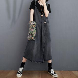 Floral Pocket Denim Midi A-line Overall Dress