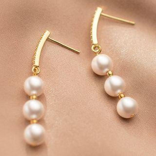 925 Sterling Silver Rhinestone Faux Pearl Drop Earring 1 Pair - Gold - One Size