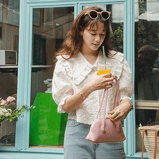 Frilled Wide-collar Perforated Blouse Ivory - One Size