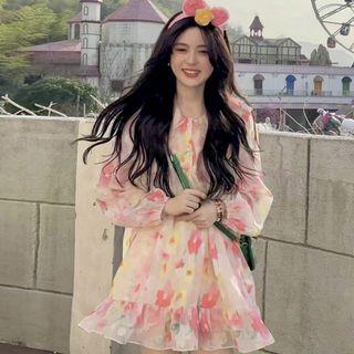 Long-sleeve Collar Floral Mini A-line Dress Pink - One Size