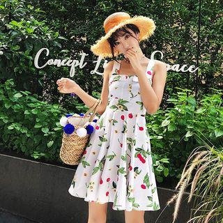 Cherry Printed Sleeveless Open-back A-line Dress