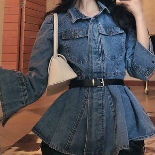 Ruffle Hem Denim Shirt / Faux Leather Shorts / Belt