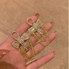 Bow Rhinestone Chained Dangle Earring 1 Pair - 925 Silver Needle - Gold - One Size