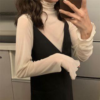 Lettuce Edge Mock Turtleneck Long-sleeve Mesh Top