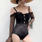 Mesh Panel Long Sleeve Ruched Swimsuit