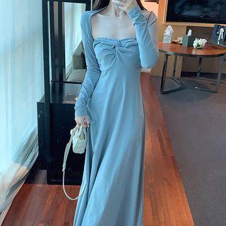 Set: Strapless Knotted Midi A-line Dress + Shrug