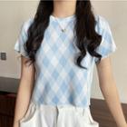 Short-sleeve Argyle Knit Crop Top Blue - One Size