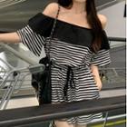Elbow-sleeve Off-shoulder Striped Romper Black & White - One Size