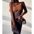 Turtle-neck Bell-sleeve Pleated Top