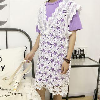 Set: Short-sleeve T-shirt Dress + Crochet Lace Jumper Dress