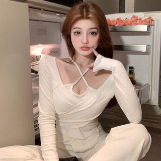 Long-sleeve Plain Crop Top / Wide-leg Pants