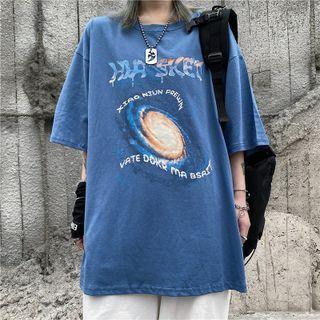 Short Sleeve Galaxy Letter Print Loose T-shirt
