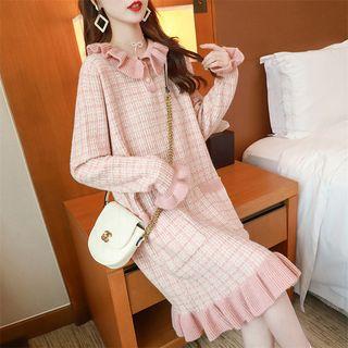 Ruffle Trim Tweed Long-sleeve Knit Dress