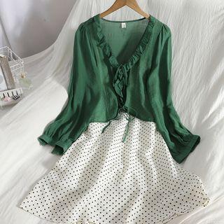 Set: Ruffle Trim Light Jacket + Spaghetti Strap Dotted Midi A-line Dress