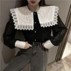 Long-sleeve Ruffle Lace Blouse Black - One Size