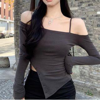 Cold-shoulder Irregular Hem T-shirt Charcoal Gray - One Size