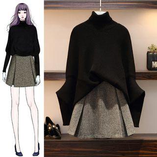 Set: Turtleneck Lantern-sleeve Sweater + Mini A-line Skirt