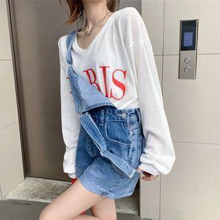Lettering T-shirt / Denim Jumper Shorts