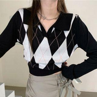Long-sleeve Polo-neck Argyle Knit Crop Top