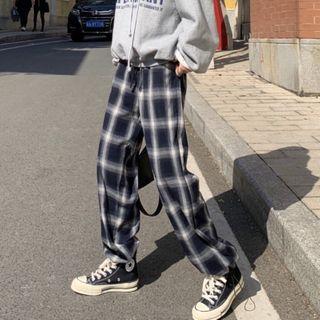 Plaid Straight Leg Pants Plaid - Dark Gray & White - One Size