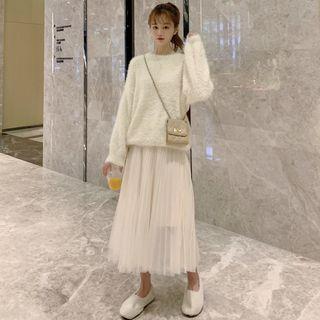 Furry Sweater / Mesh Accordion Pleat Midi Skirt