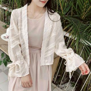 Drawstring Open Front Chiffon Jacket Almond - One Size