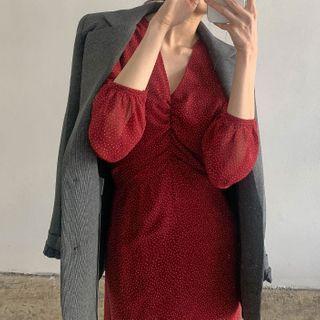 Balloon-sleeve Dotted Shirred Midi Chiffon Dress