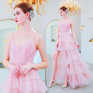Ruffle Trim Slit-side Evening Gown