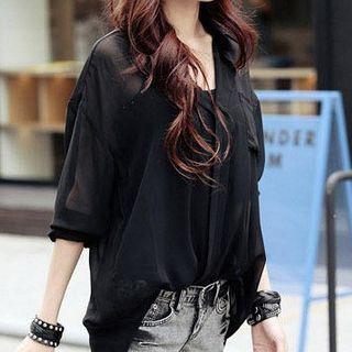 Set: Long-sleeve V-neck Chiffon Blouse + Camisole Top