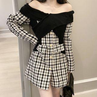 Plaid Panel Off-shoulder Mini A-line Dress