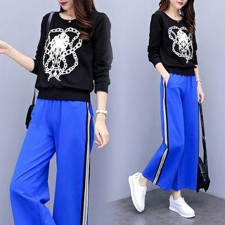 Set: Printed Pullover + Striped Wide-leg Pants