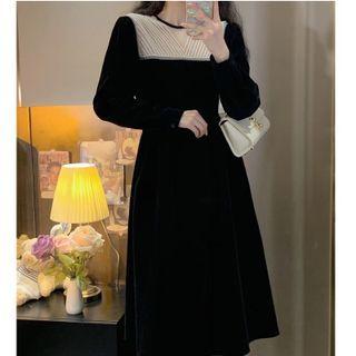 Long-sleeve Beaded Mesh Panel Velvet Midi A-line Dress
