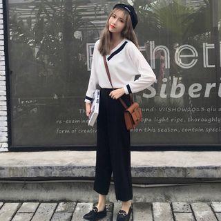 Set: Contrast Trim V-neck Pullover + Wide-leg Pants