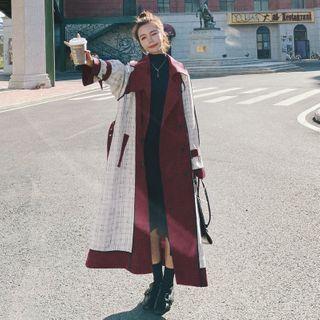 Plaid Panel Double Breasted Long Trench Coat
