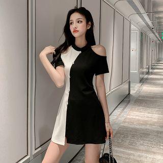 Short-sleeve Cold Shoulder Color Block A-line Mini Dress