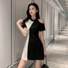 Short-sleeve Cold Shoulder Color Block A-line Mini Dress