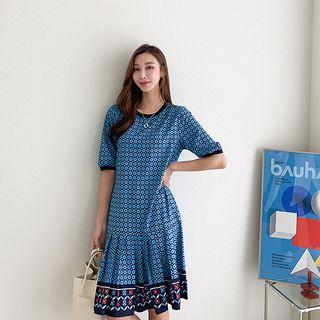 Pleated-hem Patterned Midi Dress Blue - One Size