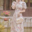 Puff-sleeve Floral Print Faux Pearl Cutout A-line Qipao Dress