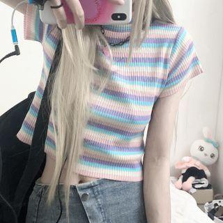 Short-sleeve Striped Ribbed T-shirt Light Blue & Light Purple & Light Pink - One Size