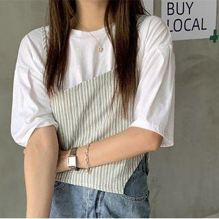 Short-sleeve Mock Two Piece T-shirt White - One Size