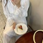 Long-sleeve V-neck Plain Dress Off-white - One Size