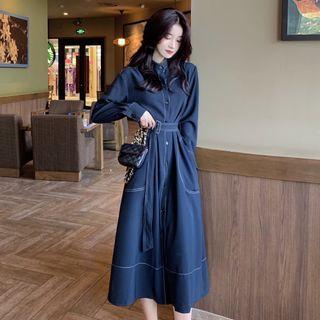 Long-sleeve Stand-collar Midi A-line Shirtdress