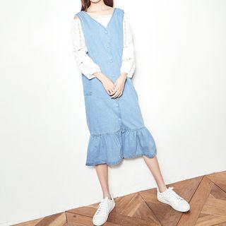 Sleeveless Ruffle-hem Denim Midi Dress