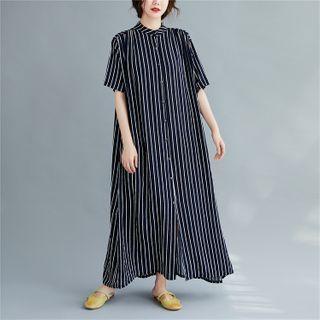 Elbow-sleeve Striped Band Collar A-line Maxi Shirtdress White Stripe - Black - One Size